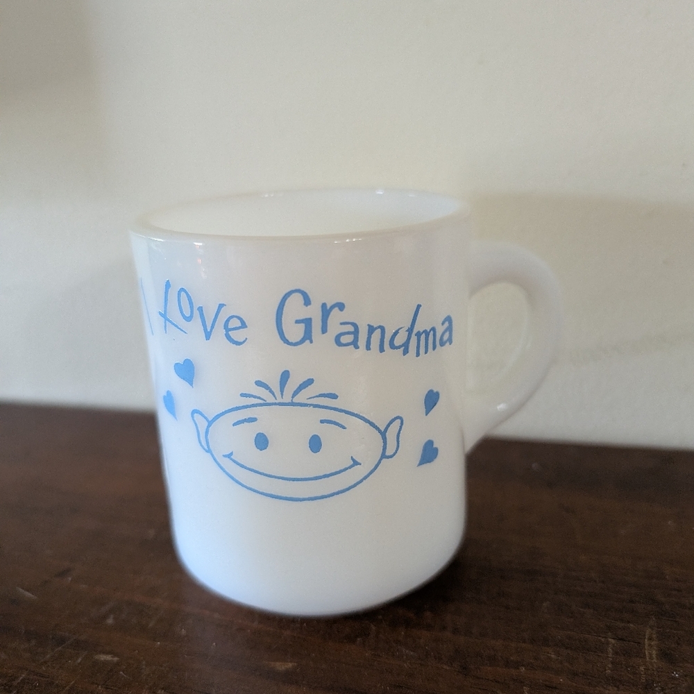 Vintage Milk Glass Mug phrase I Love Grandma Blue Gift Mom Mother's Day MCM